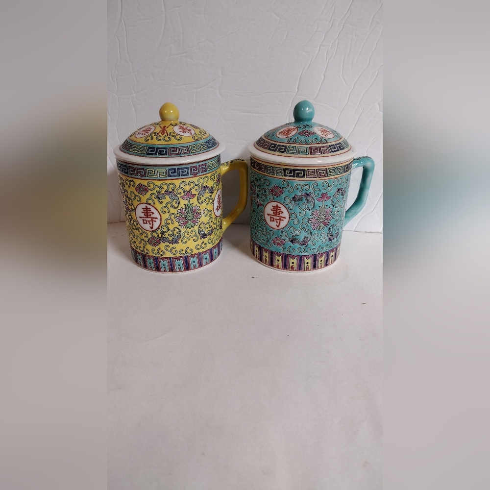 Vintage Jingdezhen Chinese Set of 2 Tea Cup Mug W/lid Ceramic Blue Yellow 12oz